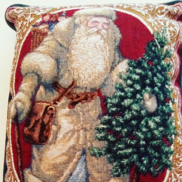VTG set of 3 Christmas tapestry pillows cat, santa, poinsettia red green - Picture 6 of 9